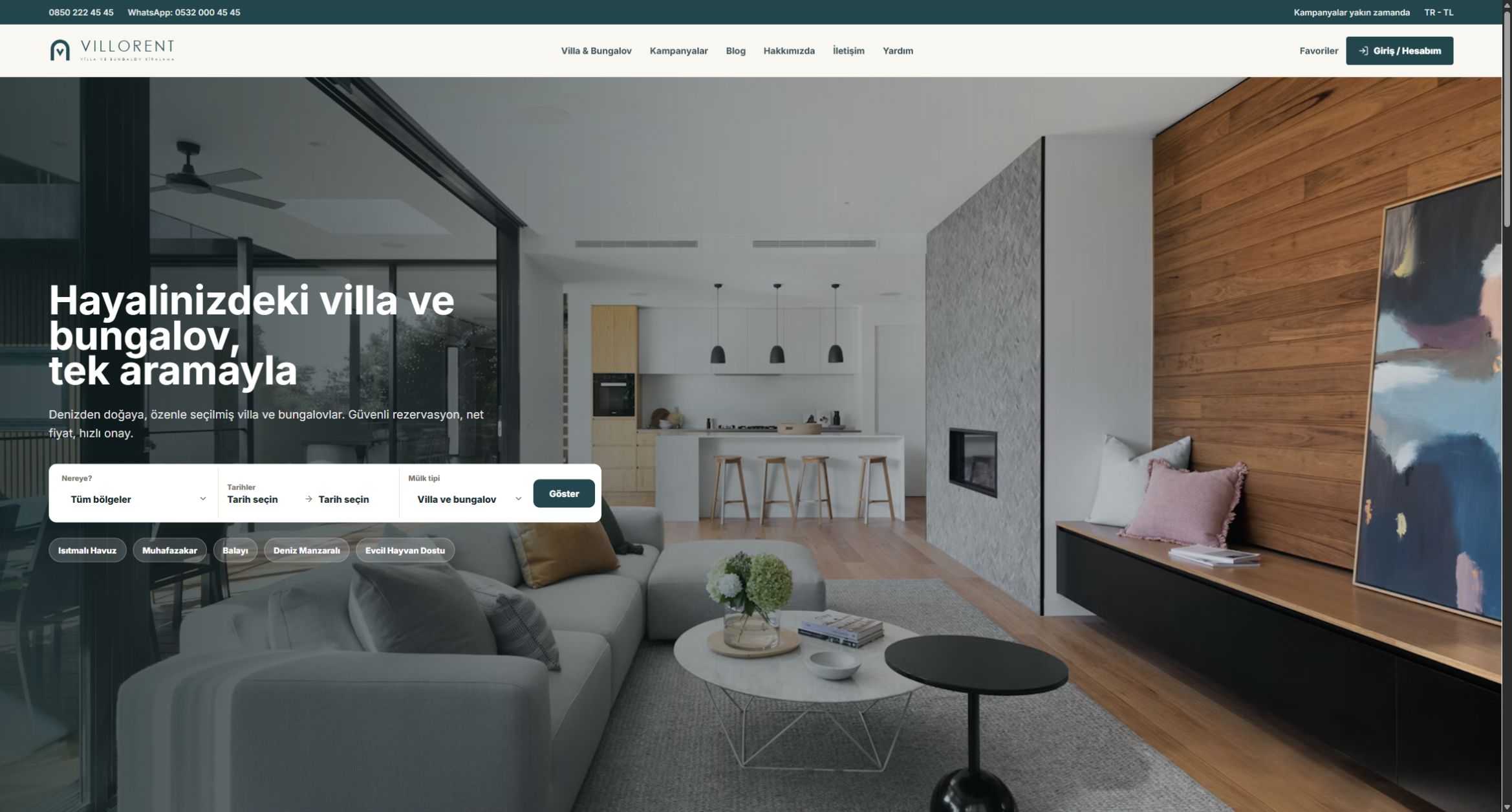 Villo Rent web sitesi ana sayfa ekran görüntüsü